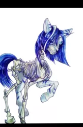 Size: 720x1105 | Tagged: artist:stc3000, commission, derpibooru import, female, grimdark, oc, oc:umbra, raised hoof, realistic, simple background, skeleton, skeleton pony, solo, traditional art, unofficial characters only, white background, zebra, zebracorn