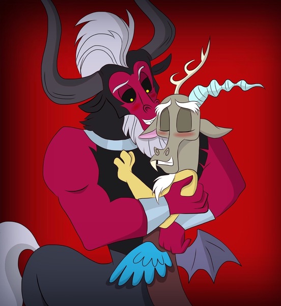 Size: 1287x1400 | Tagged: artist:fiona brown, blushing, cute, derpibooru import, discord, discute, gay, lord tirek, male, safe, shipping, snuggling, tirebetes, tirekcord