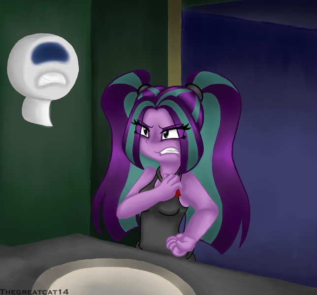 Size: 1024x954 | Tagged: safe, artist:queentigrel, derpibooru import, aria blaze, equestria girls, angry, bathroom, clothes, fanfic art, tanktop