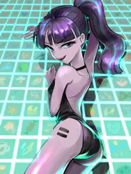 Size: 900x1200 | Tagged: suggestive, artist:quizia, derpibooru import, starlight glimmer, human, equestria girls, the cutie map, ass, clothes, cutie mark vault, equal cutie mark, female, glimmer glutes, humanized, one-piece swimsuit, open-back swimsuit, sexy, solo, solo female, stupid sexy starlight glimmer, swimsuit