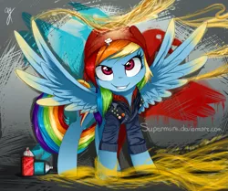 Size: 1181x987 | Tagged: safe, artist:supermare, derpibooru import, rainbow dash, pegasus, pony, backwards cutie mark, beanie, clothes, crossover, delsin rowe, female, hat, infamous, infamous second son, mare, smiling, solo