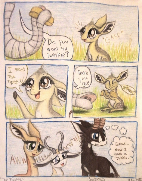 Size: 1024x1301 | Tagged: animal in mlp form, antelope, artist:thefriendlyelephant, big ears, big eyes, cloven hooves, comic, derpibooru import, dik dik, elephant trunk, fluffy, gerenuk, giant sable antelope, grass, horns, long neck, oc, oc:kekere, oc:mmiri, oc:nuk, oc:sabe, safe, speech bubble, springbok, thought bubble, traditional art, twinkies, unofficial characters only