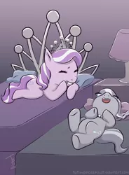 Size: 900x1225 | Tagged: safe, artist:tutiwakalaka, derpibooru import, diamond tiara, silver spoon, earth pony, pony, adorabullies, bed, cute, diamondbetes, duo, eyes closed, on back, silverbetes