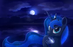 Size: 1541x1000 | Tagged: artist:scootiebloom, derpibooru import, lake, moon, night, princess luna, safe, solo, water