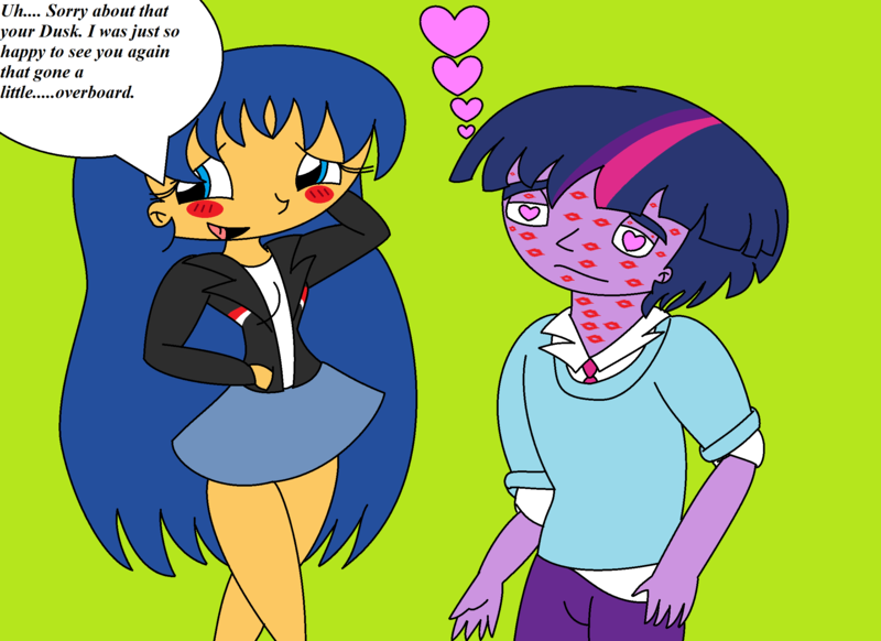 Size: 2338x1700 | Tagged: safe, artist:t-mack56, derpibooru import, flash sentry, twilight sparkle, equestria girls, 1000 hours in ms paint, dialogue, dusk shine, duskflare, equestria guys, female, flare warden, flashlight, green background, heart eyes, kiss mark, male, ms paint, rule 63, shipping, simple background, straight, wingding eyes