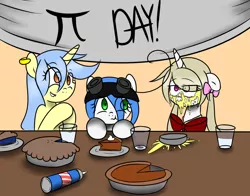 Size: 1280x1006 | Tagged: artist:fullmetalpikmin, derpibooru import, oc, oc:cherry blossom, oc:mal, oc:viewing pleasure, pi day, pie, pied, safe, tumblr:ask viewing pleasure, unofficial characters only