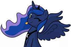 Size: 1551x1022 | Tagged: safe, artist:furrgroup, derpibooru import, princess luna, alicorn, pony, :p, cute, female, looking at you, mare, simple background, sitting, smiling, solo, spread wings, tongue out, white background, wink