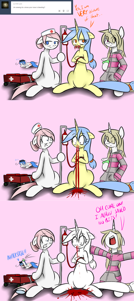 Size: 1200x2700 | Tagged: artist:fullmetalpikmin, ask, blood, clothes, congenital amputee, derp, derpibooru import, hoodie, nosebleed, nurse redheart, oc, oc:cherry blossom, oc:mal, oc:viewing pleasure, semi-grimdark, sleeping, tumblr, tumblr:ask viewing pleasure