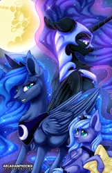 Size: 1024x1583 | Tagged: dead source, safe, artist:arcadianphoenix, derpibooru import, nightmare moon, princess luna, alicorn, pony, female, filly, looking at you, lunar trinity, mare, mare in the moon, moon, s1 luna, smiling, woona