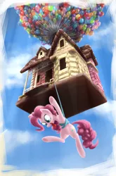 Size: 1370x2080 | Tagged: artist:baitoubaozou, balloon, crossover, derpibooru import, gingerbread house, house, pinkie pie, safe, solo, suspended, then watch her balloons lift her up to the sky, up