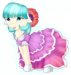 Size: 850x900 | Tagged: artist:seleneat, clothes, coco pommel, dead source, derpibooru import, dress, floppy ears, safe, solo