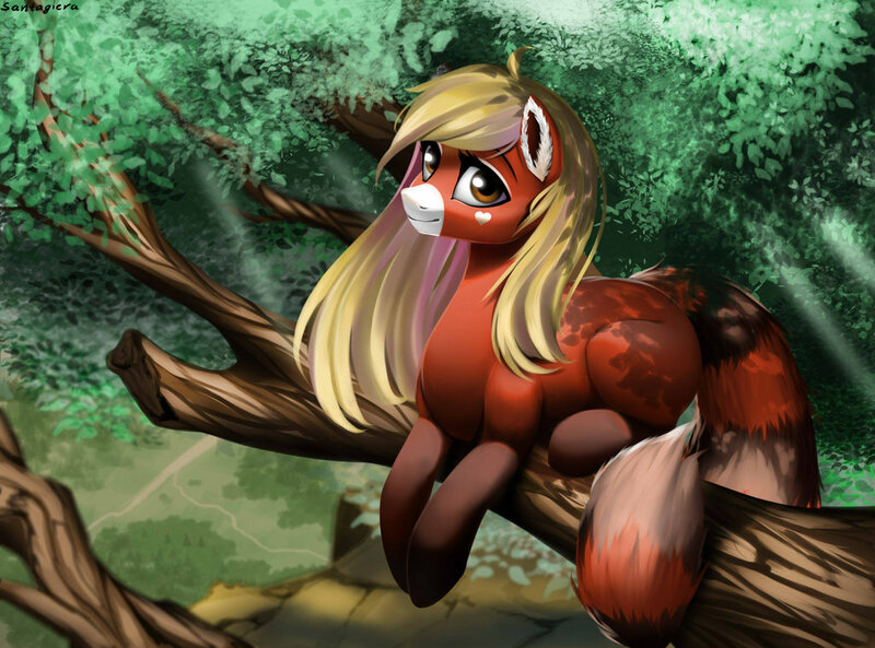 Size: 1024x759 | Tagged: safe, artist:santagiera, derpibooru import, oc, unofficial characters only, pony, ear fluff, female, forest, heart, looking at you, mare, outdoors, prone, smiling, tree, tree branch