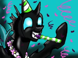 Size: 1024x768 | Tagged: safe, artist:silver-mane1, derpibooru import, changeling, confetti, hat, noisemaker, party hat, smiling, solo