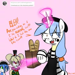 Size: 900x900 | Tagged: artist:fullmetalpikmin, ask, baguette, beret, clothes, clown, derpibooru import, maid, mime, oc, oc:cherry blossom, oc:mal, oc:viewing pleasure, safe, tumblr, tumblr:ask viewing pleasure, unofficial characters only