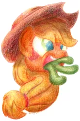 Size: 1051x1595 | Tagged: safe, artist:aemantaslim, derpibooru import, applejack, monster pony, original species, tatzlpony, colored pencil drawing, solo, tatzljack, tentacle tongue, tongue out, traditional art