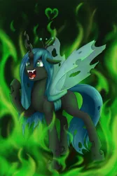 Size: 730x1095 | Tagged: artist:endrome, changeling, changeling queen, derpibooru import, fangs, female, fire, green fire, queen chrysalis, safe, solo