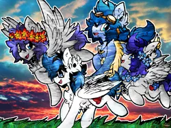 Size: 939x707 | Tagged: safe, artist:iroxykun, derpibooru import, oc, oc:aerial ace, oc:fireheart, oc:frozen soul, oc:sweater weather, unofficial characters only, pegasus, pony, brothers, family, floral head wreath, gay, genderfluid, glasses, goggles, male, oc x oc, piercing, siblings, sunrise