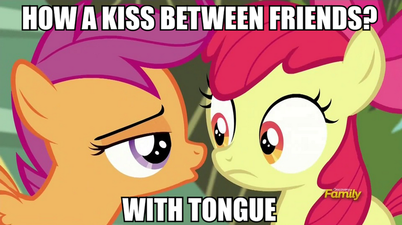 Size: 891x500 | Tagged: apple bloom, derpibooru import, female, image macro, lesbian, meme, safe, scootabloom, scootaloo, screencap, shipping