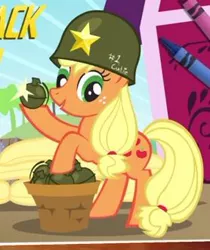 Size: 278x331 | Tagged: applejack, artist:niggerfaggot, basket, coloring book, derpibooru import, edit, friendship is witchcraft, grenade, helmet, how applejack won the war, safe