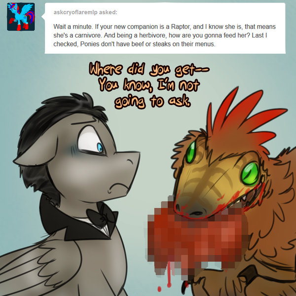 Size: 750x750 | Tagged: artist:jitterbugjive, blood, censored, dark comedy, derpibooru import, dinosaur, discorded, discord whooves, doctor whooves, gore, semi-grimdark, time turner, tumblr, tumblr comic, velociraptor