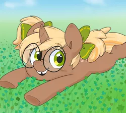 Size: 1280x1150 | Tagged: artist needed, babscon, babscon mascots, clover, derpibooru import, gap teeth, glasses, oc, oc:copper chip, prone, ribbon, safe, source needed, unofficial characters only