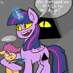 Size: 2000x2000 | Tagged: semi-grimdark, artist:kennyteya, derpibooru import, scootaloo, twilight sparkle, twilight sparkle (alicorn), alicorn, pony, abuse, alternate cutie mark, bill cipher, crossover, crying, dialogue, fangs, female, gravity falls, hostage, knife, magic, mare, possessed, scootabuse, telekinesis