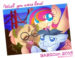 Size: 3827x3000 | Tagged: artist:abbystarling, babscon, babscon mascots, derpibooru import, oc, oc:copper chip, oc:golden gates, oc:silver span, postcard, safe, selfie, unofficial characters only