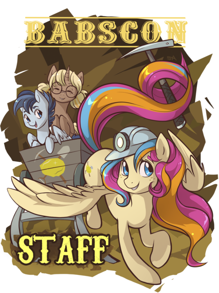 Size: 1800x2400 | Tagged: artist:inkeed, babscon, babscon mascots, derpibooru import, headlamp, helmet, mine, miner, mining helmet, oc, oc:copper chip, oc:golden gates, oc:silver span, pickaxe, safe, unofficial characters only