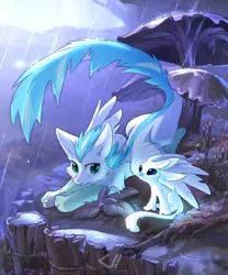 Size: 700x842 | Tagged: safe, artist:tomatocoup, derpibooru import, oc, oc:patch, dracony, dragon, feathered dragon, hybrid, pony, cute, male, ori, ori and the blind forest, rain