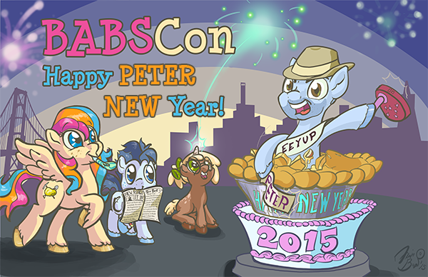 Size: 600x388 | Tagged: artist:flavinbagel, babscon, babscon mascots, cake, derpibooru import, eeyup, fireworks, new year, oc, oc:copper chip, oc:golden gates, oc:silver span, peter new, safe, unofficial characters only