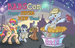 Size: 600x388 | Tagged: artist:flavinbagel, babscon, babscon mascots, cake, derpibooru import, eeyup, fireworks, new year, oc, oc:copper chip, oc:golden gates, oc:silver span, peter new, safe, unofficial characters only