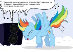 Size: 1132x800 | Tagged: artist:bcrich40, budokai 2, dancing, derpibooru import, dragon ball z, edit, jonathan young, lyle mcdouchebag, lyrics, music, rainbow dash, rock and roll, safe, speakers