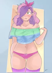 Size: 1500x2100 | Tagged: artist:mrscurlystyles, belly button, clothes, derpibooru import, elf ears, female, human, humanized, older, panties, pink underwear, ribbon, solo, solo female, suggestive, sweetie belle, underwear