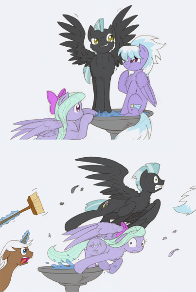 Size: 770x1146 | Tagged: safe, artist:ravenpuff, deleted from derpibooru, derpibooru import, cloudchaser, flitter, mochaccino, rare find, thunderlane, pegasus, pony, unicorn, :t, behaving like a bird, bird bath, broom, chest fluff, comic, courtship, cute, feather, female, fluffy, flying, frown, gritted teeth, lip bite, magic, male, open mouth, peacocking, shipping, spread wings, straight, telekinesis, thunderbetes, thunderchaser, wide eyes