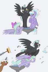 Size: 770x1146 | Tagged: safe, artist:ravenpuff, deleted from derpibooru, derpibooru import, cloudchaser, flitter, mochaccino, rare find, thunderlane, pegasus, pony, unicorn, :t, behaving like a bird, bird bath, broom, chest fluff, comic, courtship, cute, feather, female, fluffy, flying, frown, gritted teeth, lip bite, magic, male, open mouth, peacocking, shipping, spread wings, straight, telekinesis, thunderbetes, thunderchaser, wide eyes