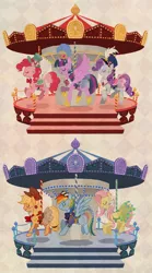 Size: 700x1261 | Tagged: safe, artist:kairean, derpibooru import, applejack, fluttershy, pinkie pie, rainbow dash, rarity, twilight sparkle, twilight sparkle (alicorn), alicorn, pony, carousel, clothes, female, mane six, mare, merry-go-round, saddle, tiara