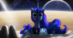 Size: 1500x782 | Tagged: safe, artist:foxi-5, derpibooru import, princess luna, alicorn, human, pony, :o, astronaut, curious, cute, dilated pupils, eyes on the prize, female, first contact, hand, leaning, looking at you, luna and the nauts, lunabetes, mare, offscreen character, open mouth, planet, pov, reflection, space, spacecraft, spaceship, spacesuit, stars, wide eyes, window