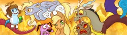 Size: 1024x287 | Tagged: safe, artist:gingerfoxy, derpibooru import, applejack, derpy hooves, discord, pegasus, pony, courage the cowardly dog, crossover, female, jelly world, mare, neopets, neopia, petpet, snuffly