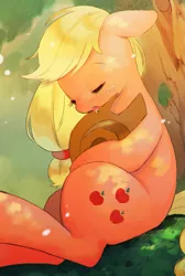 Size: 665x987 | Tagged: safe, artist:hotomura, derpibooru import, applejack, earth pony, pony, cute, drool, eyes closed, female, jackabetes, mare, sitting, sleeping, solo