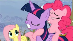 Size: 1366x768 | Tagged: safe, derpibooru import, screencap, fluttershy, parasol, pinkie pie, twilight sparkle, twilight sparkle (alicorn), alicorn, pony, tanks for the memories, female, mare, out of context