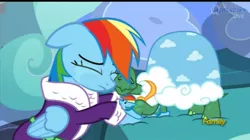 Size: 1077x601 | Tagged: bathrobe, bed, clothes, crying, dashie slippers, derpibooru import, eyes closed, floppy ears, frown, hug, nuzzling, rainbow dash, sad, safe, screencap, slippers, tank, tanks for the memories