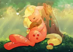 Size: 1280x919 | Tagged: dead source, safe, artist:hotomura, derpibooru import, applejack, earth pony, pony, drool, female, mare, sitting, sleeping, solo, tree