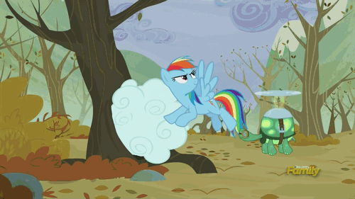 Size: 500x281 | Tagged: safe, derpibooru import, screencap, lucky clover, rainbow dash, tank, tanks for the memories, animated, discovery family, discovery family logo, leaves, snow