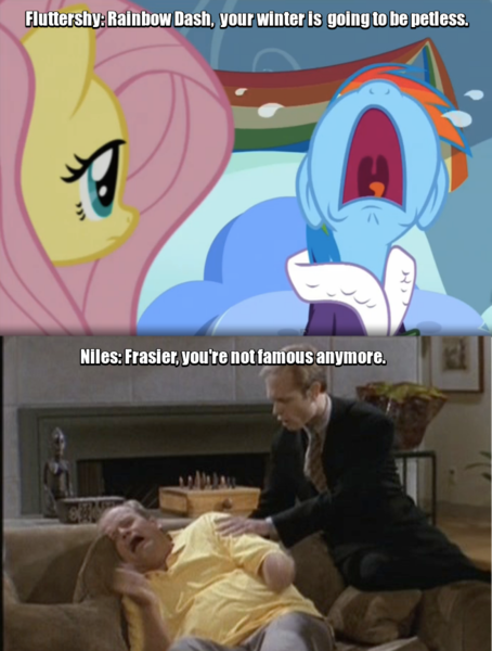 Size: 655x865 | Tagged: brutal honesty, comparison, crying, depression dash, derpibooru import, fluttershy, frasier, frasier crane, image macro, meme, niles crane, rainbow dash, safe, screencap, tanks for the memories, volumetric mouth