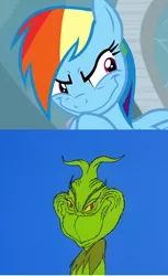 Size: 924x1508 | Tagged: comparison, derpibooru import, dr. seuss, evil grin, grin, how the grinch stole christmas, rainbow dash, rainbow grinch, safe, screencap, smiling, tanks for the memories, the grinch