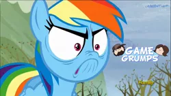 Size: 1280x720 | Tagged: cinemaquestria, derpibooru import, do i look angry, edit, edited screencap, game grumps, grumpy, rainbow dash, safe, screencap, tanks for the memories