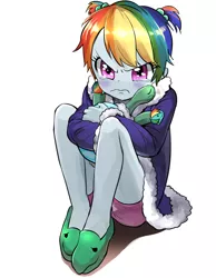 Size: 700x900 | Tagged: safe, artist:quizia, derpibooru import, rainbow dash, tank, equestria girls, tanks for the memories, alternate hairstyle, bathrobe, blushing, clothes, crying, cute, dashabetes, dashie slippers, eyes closed, female, frown, glare, hnnng, hug, looking at you, pigtails, quizia is trying to murder us, robe, sad, shorts, simple background, sitting, tank slippers, that was fast, wavy mouth, white background