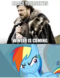 Size: 736x961 | Tagged: brace yourselves, derpibooru import, eddard stark, game of thrones, meme, rainbow dash, rainbow grinch, safe, screencap, tanks for the memories, winter is coming