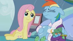 Size: 1249x713 | Tagged: bathrobe, clothes, crying, dashie slippers, derpibooru import, fluttershy, lidded eyes, rainbow dash, safe, screencap, tank, tanks for the memories, tank slippers