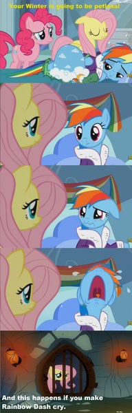 Size: 1072x3354 | Tagged: clothes, dashie slippers, derpibooru import, dungeon, fluttershy, prison, rainbow dash, role reversal, safe, screencap, tanks for the memories, tank slippers, text